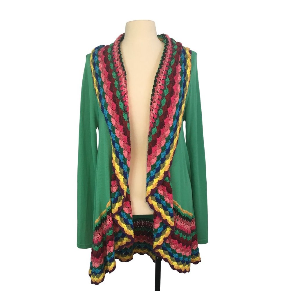 Double Zero Womens Green Long Open Front Cardigan with Rainbow‎ Crochet Edging S
